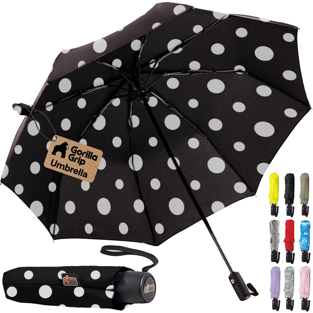 GORILLA GRIP Compact Travel Size Umbrella for Rain, Polka Dots