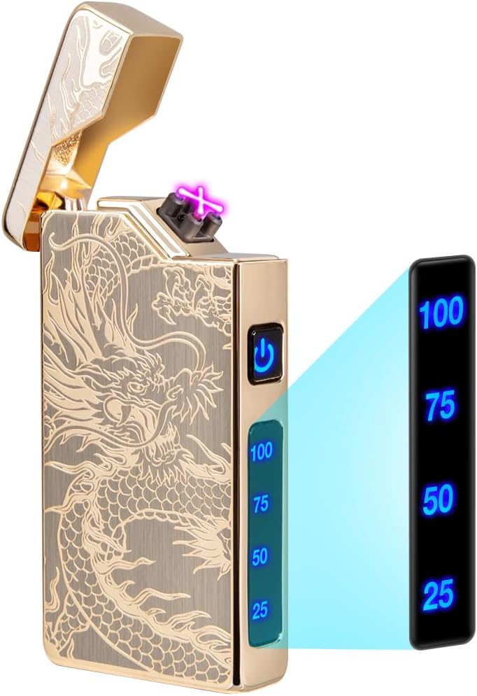 LcFun Electric Lighter USB Rechargeable, Dual Arc Plasma Lighter, Windproof Flameless Lighters, Electronic Lighters with LED Battery Indication Gifts for Men Boyfriend Husband (Dragon Gold)