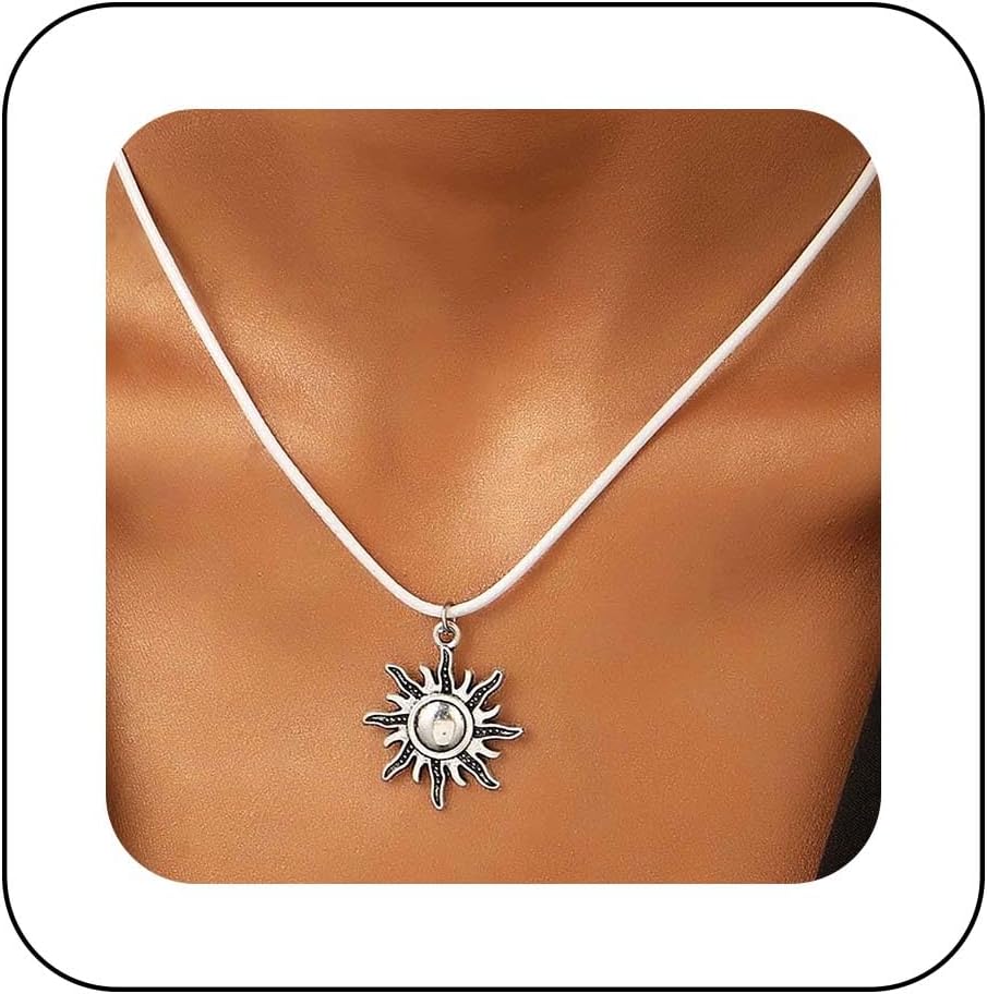 Boho Sunburst Choker Necklace Sunrise White Rope Necklace Vintage Sun Wax Waterproof Necklace Silver Sun Celestial Flower Pendant Necklace Jewelry for Women