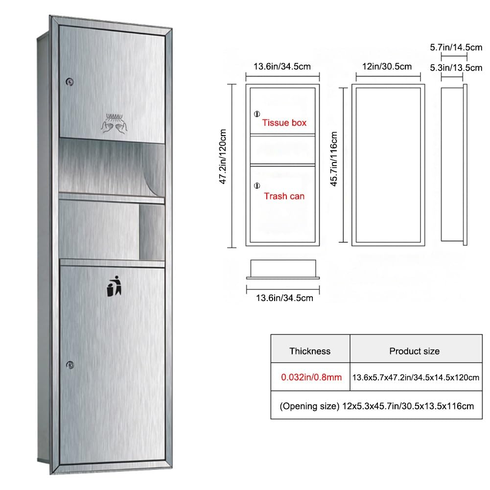 PFCDZDU Towel Dispenser/Waste Receptacle, Commercial Recessed Stainless Steel Put-in Trash Can Alcove, Bathrooms Storage Niche Shelf with Lockable(13.6x5.7x47.2in)