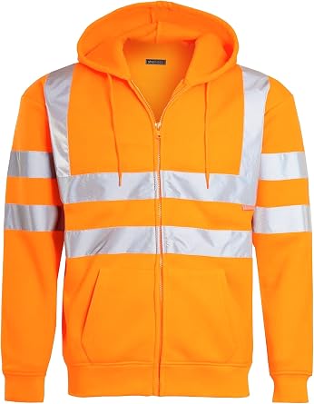 shelikes Mens Hi Vis Hoodie with Reflective Tape High Visibility Full Zip Up Hooded Sweatshirt Work Top Safety Workwear Hoody Jackets