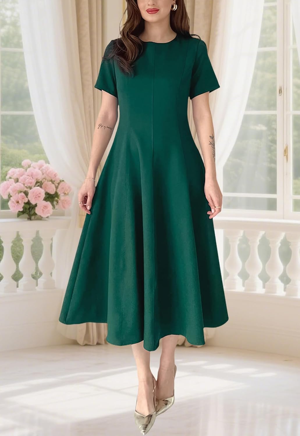 Women's Summer Round Neck Midi Dress Short Sleeve Fit and Flare Elegant A-Line Business Swing Dresses - Image 3