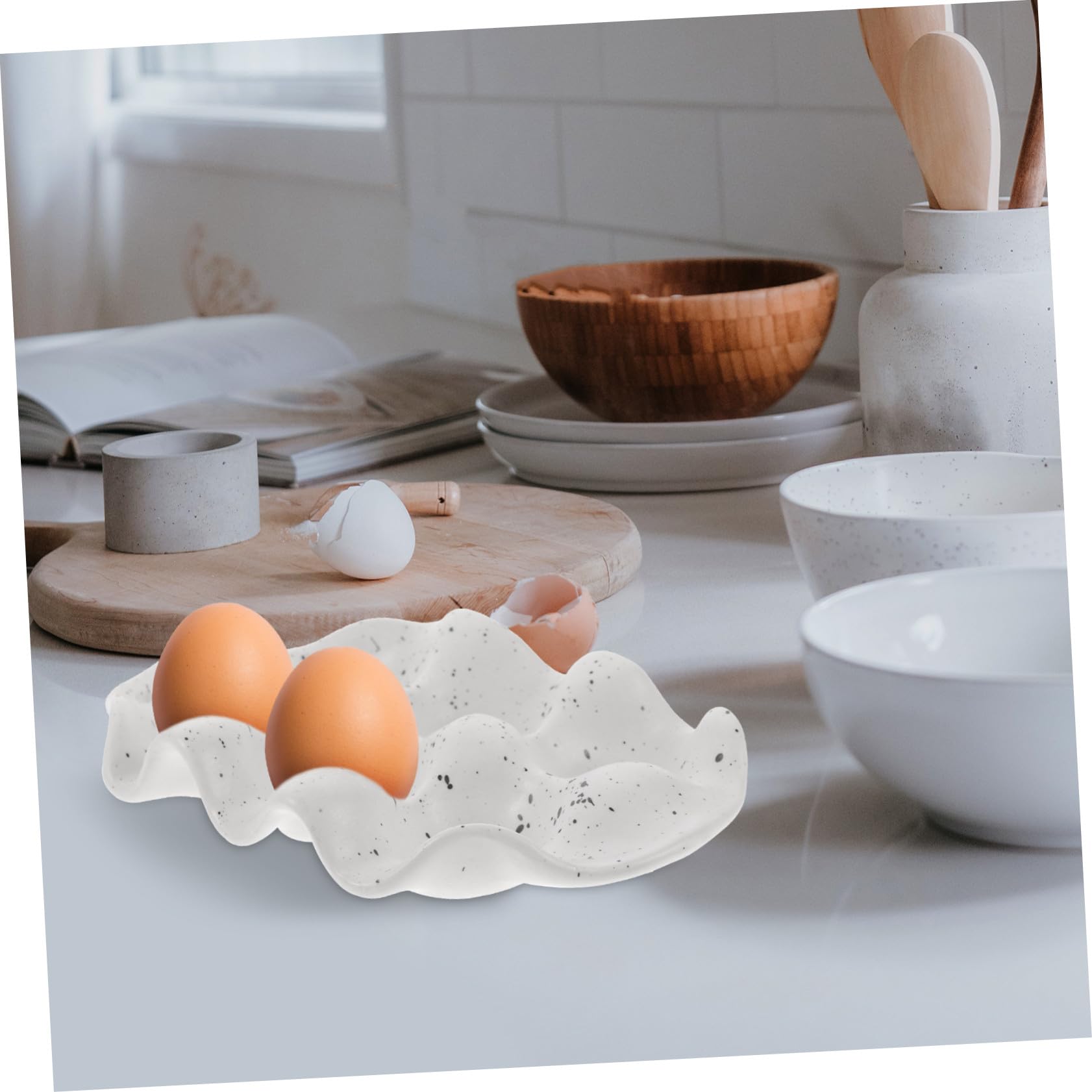 Plateau à Œufs Céramique 6 Cases Beige Pointillé Support de Rangement Résistant la Cuisine Maison Réfrigérateur