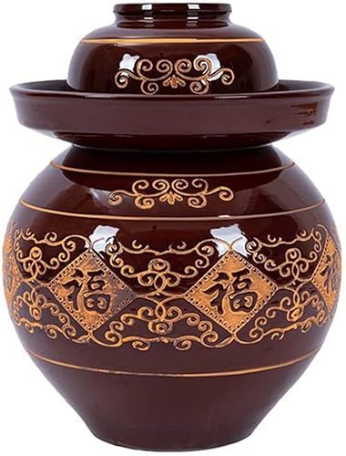 QPZK Tarro grande de encurtidos de porcelana china tradicional, maceta de fermentación de cerámica natural, tarro de fermentación con tapa de