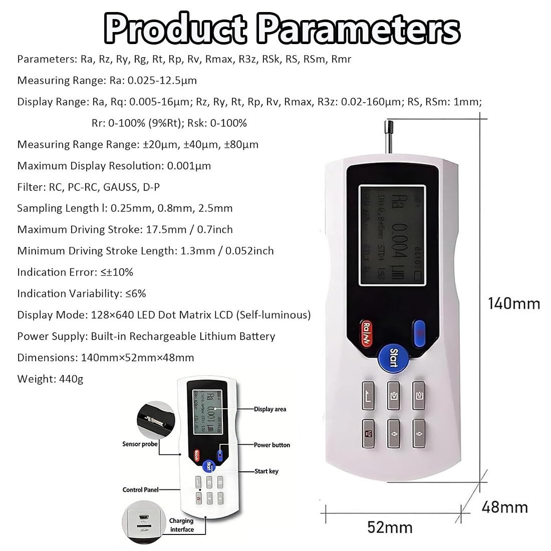 Rugosímetro Digital,Recargable Rugosímetro Superficie,Rango Medición 160 μm,Alta Precisión 0,001 μm,Pantalla LCD para Detección Acabado Superficies Piezas Mecánicas Metálicas White