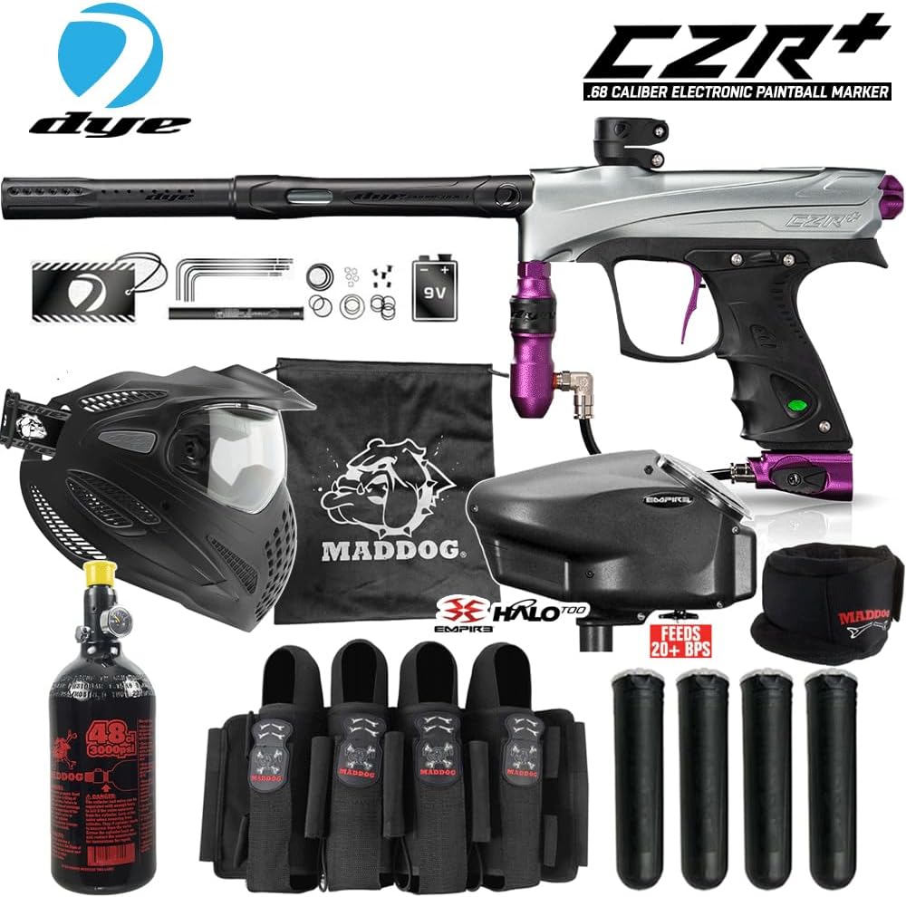 Maddog DYE CZR+ Full Auto Electronic Paintball Gun Marker Elite Starter Package | Thermal Anti-Fog Paintball Mask, HPA Tank, Empire Halo Too Loader, Neck Protector, Pro Paintball Harness & Pods