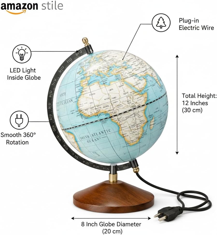 Decorative World Globe with Wooden Base, Multi Colour Political Map, Polished Metal Stand, 8 Inches Diameter, Educational Desk Globe