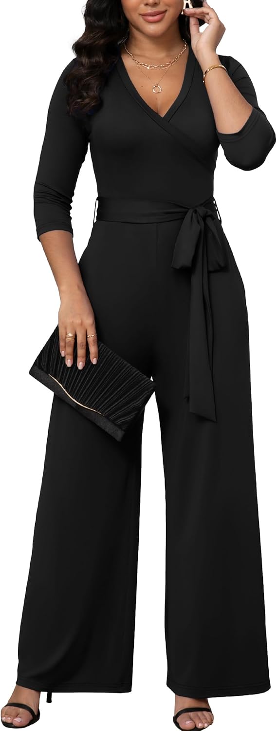 FANDEE Jumpsuit for Women|High Waisted Wide Leg Pant with Belt 3/4 Sleeve V Neck Casual Romper with Pocket