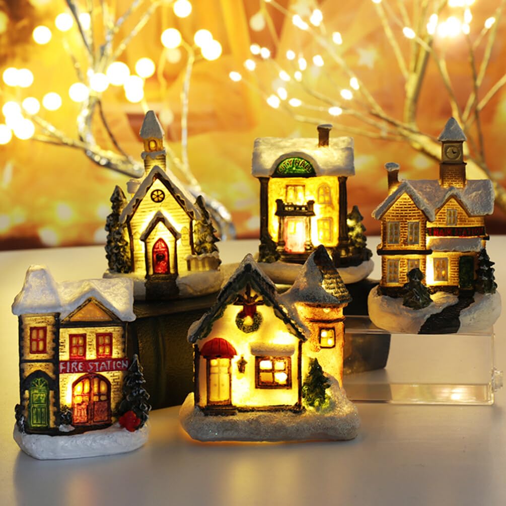 Uonlytech 4 piezas Navidad casa luminosa led pueblo bricolaje cabaña de resina modelo colgante adornos para árbol de Navidad decoración de mesa del hogar