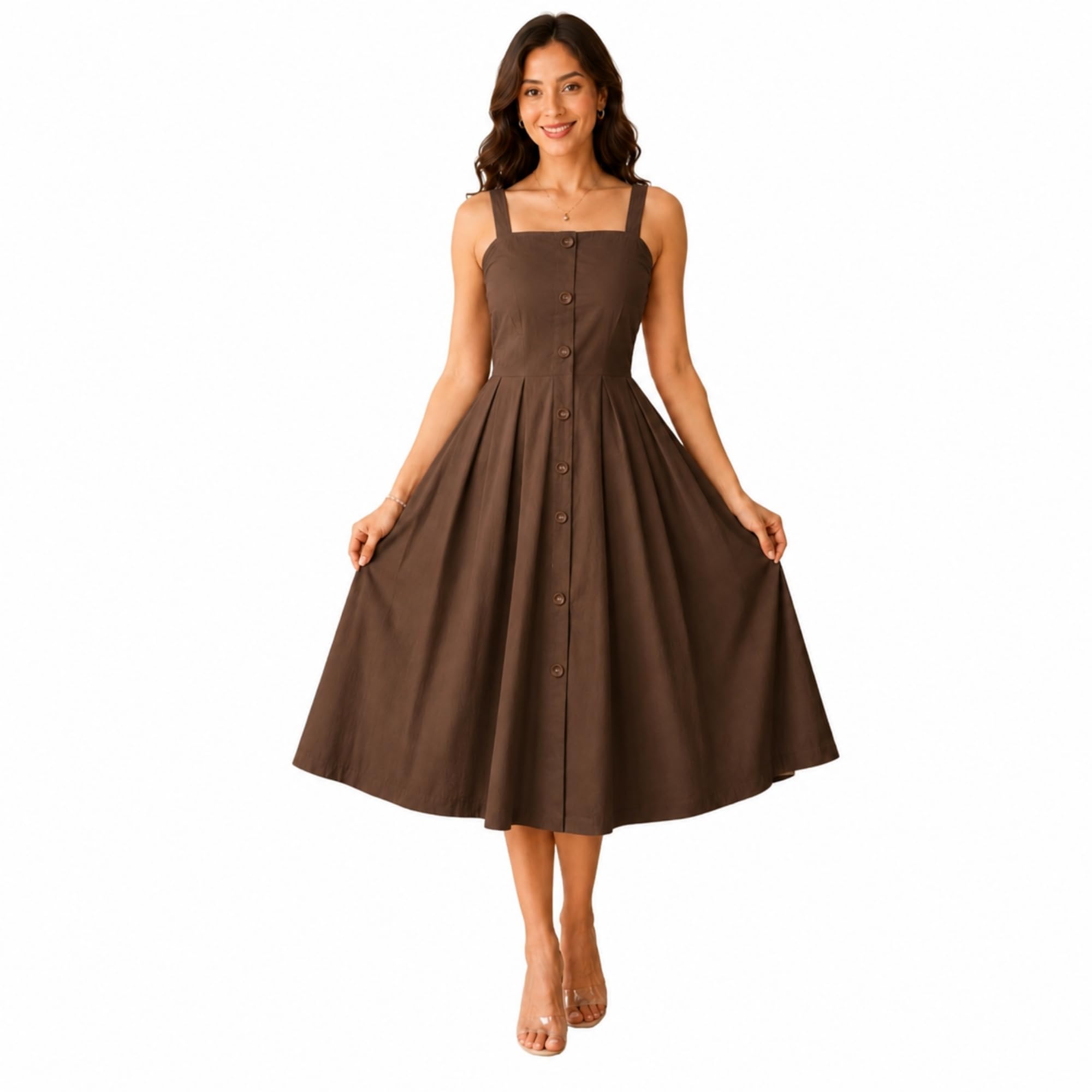 Women’s Sleeveless Midi Dress with Square Neck, Front Button Design, Pleated Flared Skirt, Casual Summer A-Line Dress for Women-picture-33