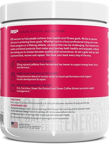 Miniatura 8 de RSP NUTRITION AminoLean - Polvo para antes del entrenamiento, aminoenergía y control de peso con aminoácidos BCAA y cafeína natural, refuerzo de