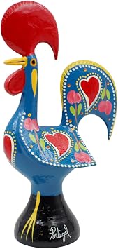 11.25" Traditional Hand-Painted Portuguese Good Luck Rooster Galo Barcelos Metal Figurine - Made in Portugal, Symbol of Good Luck & Prosperity - Collectible Souvenir Blue