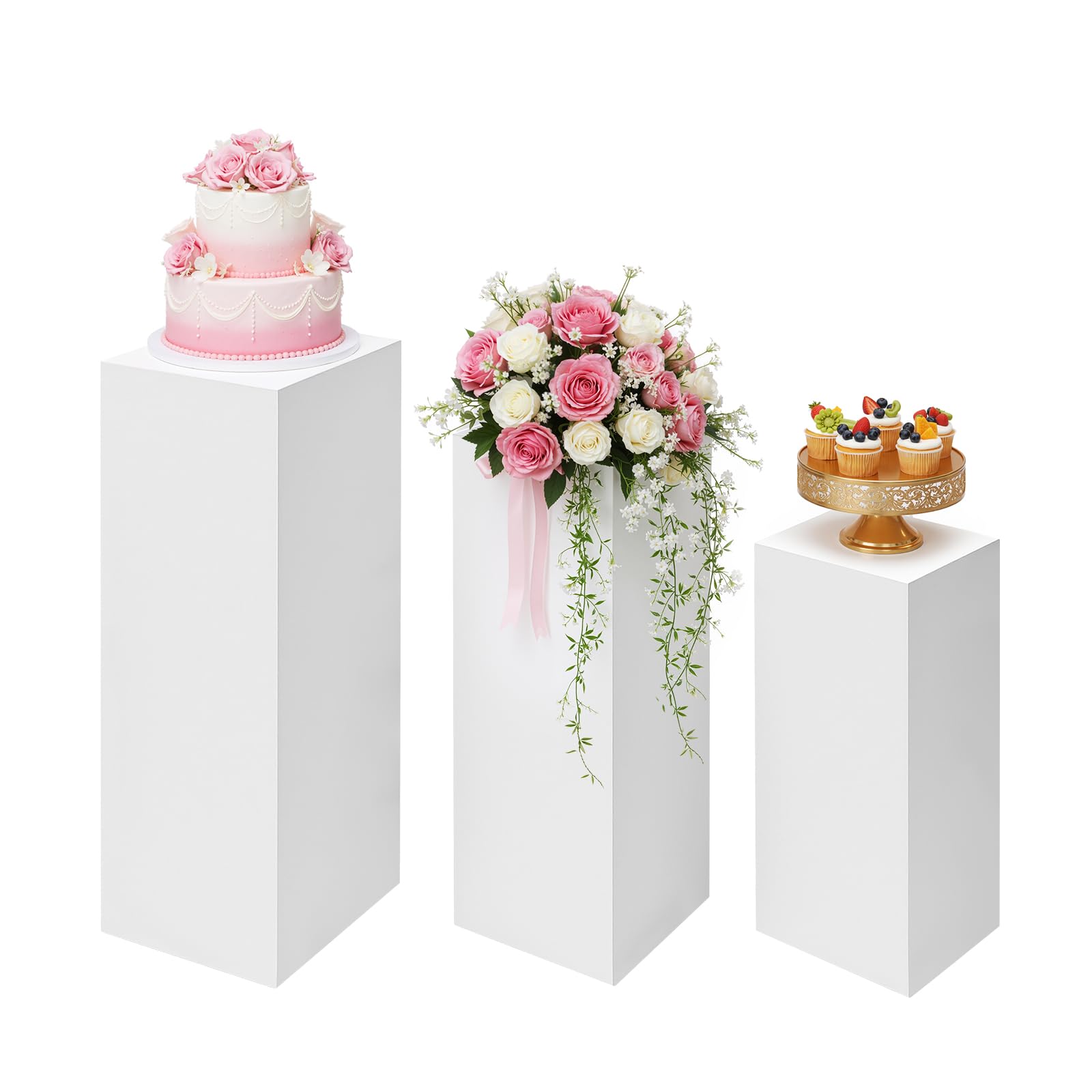 PoMuMOCic 3PCS White Square Pedestal Stands for Parties,White Display Stands Pillars, Metal Square Plinths Dessert Table Cube Display Pillars for
