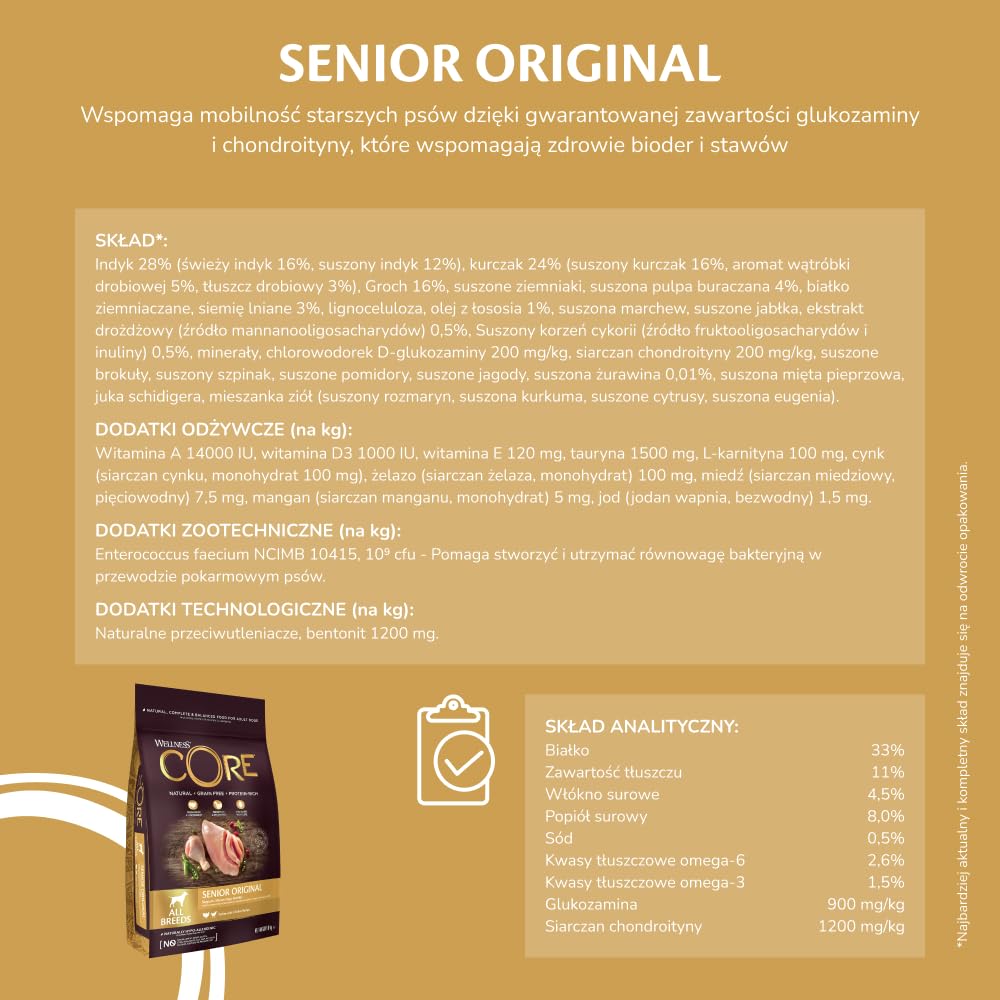 Wellness CORE Senior 10 kg, Kurczak i Indyk – Sucha Karma dla Psów Starszych od 7 Lat, Bezzbożowa, Naturalna, Hipoalergiczna, o Wysokiej Zawartości Mięsa, Wspiera Zdrowie Bioder i Stawów