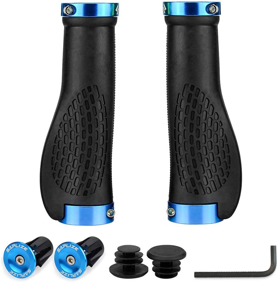 SAPLIZE Bike Handlebar Grips, Ergonomic Design, PR11 (Black, Blue Rings, with Aluminium End Caps)