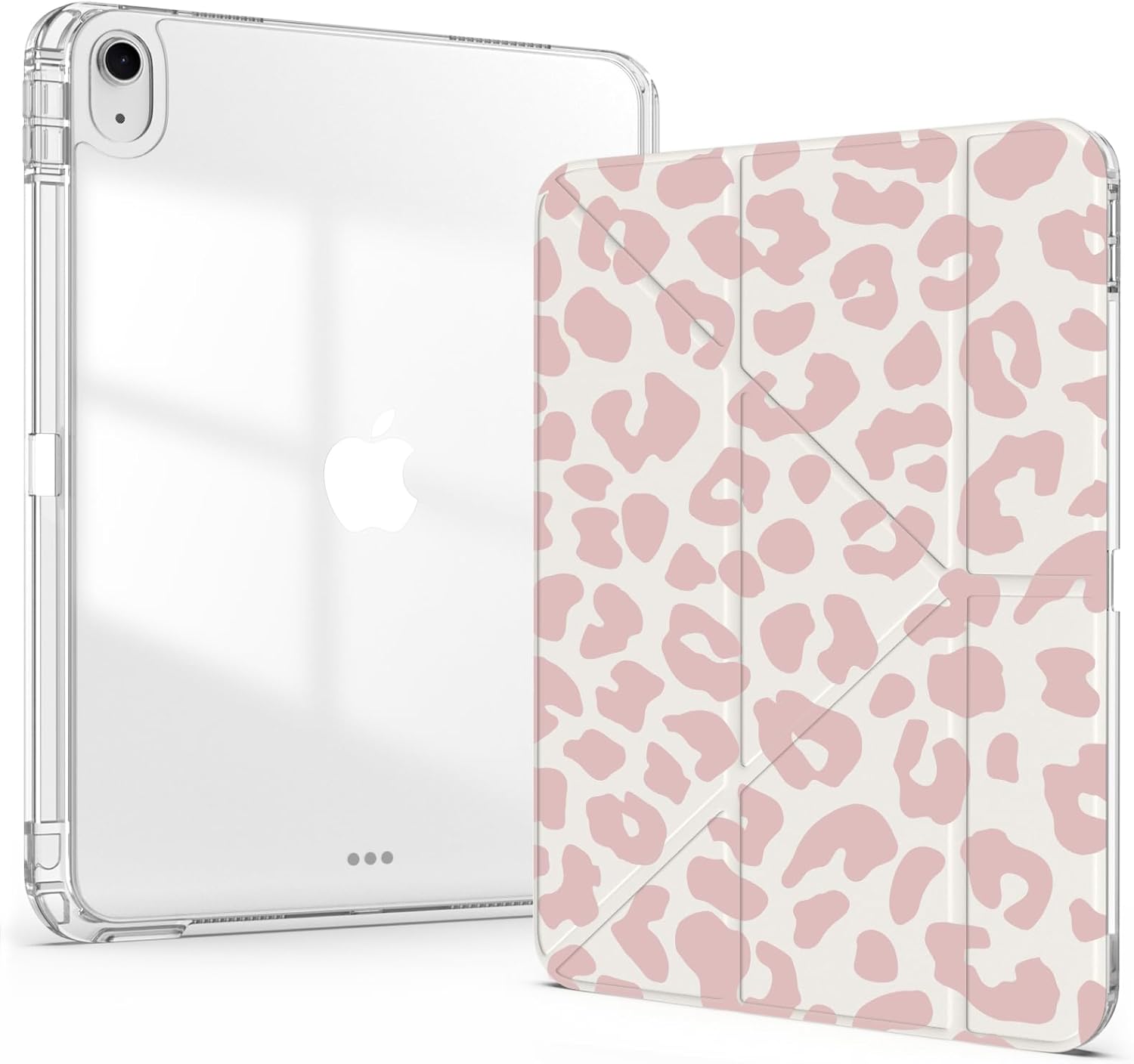 Idocolors Case for iPad (A16) 11th Gen 2025 11-inch/10th Gen 2022 10.9 inch 2022, Clear Acrylic Back Case with Pencil Holder, Detachable Mutil Angles Folding Y-Shaped Stand Cover, Leopard-Pink