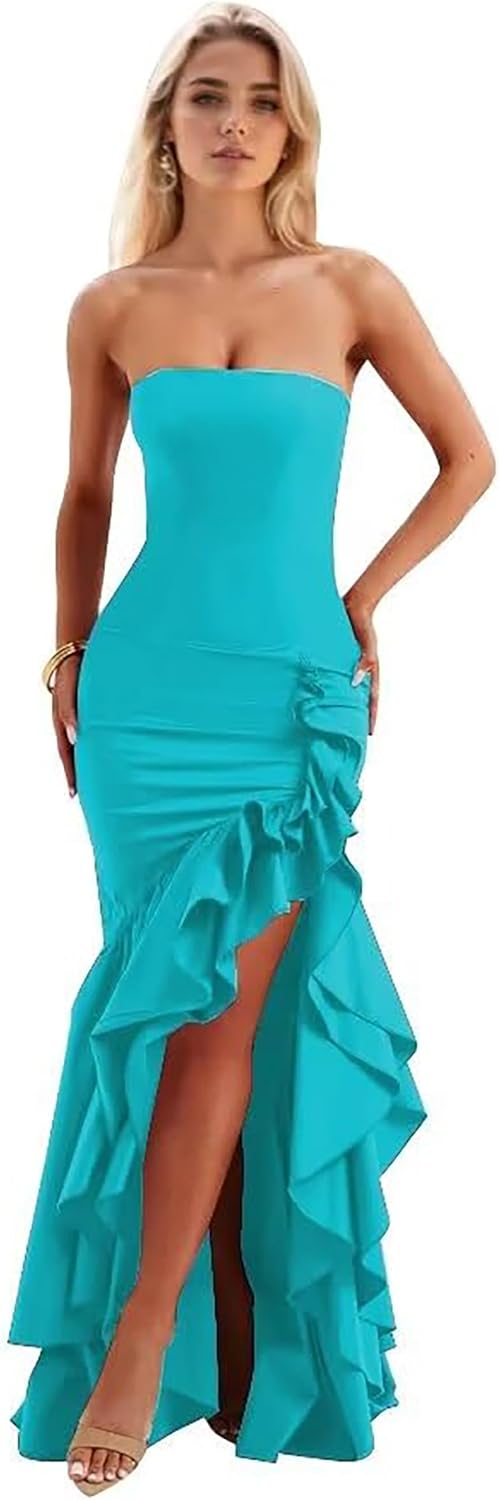 Strapless Satin Prom Dresses Long Mermaid Ball Gown with Slit Ruffle Evening Party Gown