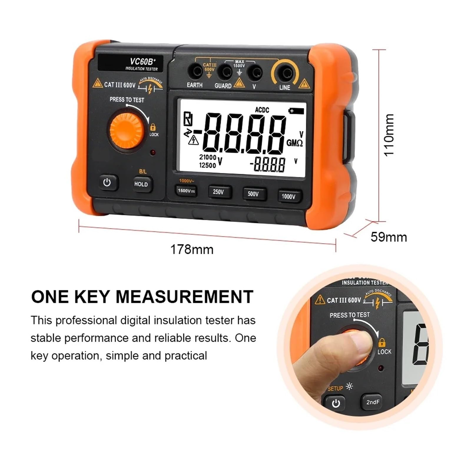 Medidor de Resistencia, Megóhmetro digital VC-60B+, probador de resistencia de aislamiento de 1000 V, medidor preciso