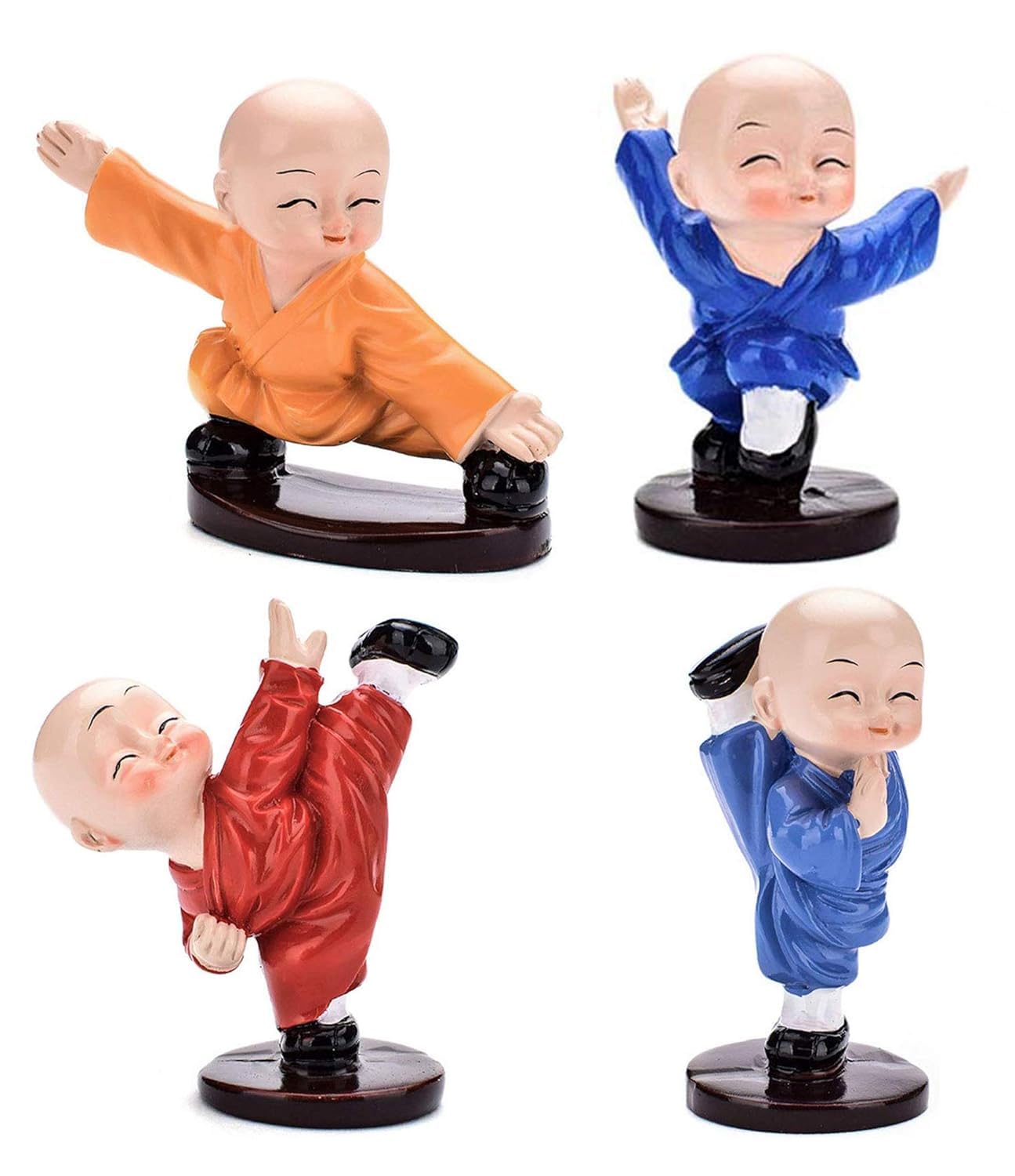 BLOOM PLEX Set of 4 Kung Fu Buddha Monk Statues | Action Showpiece for Wall Shelf, Table, Desktop, Car Dashboard, Home & Office Decor | Miniature Figurines (with Double Side Tape)