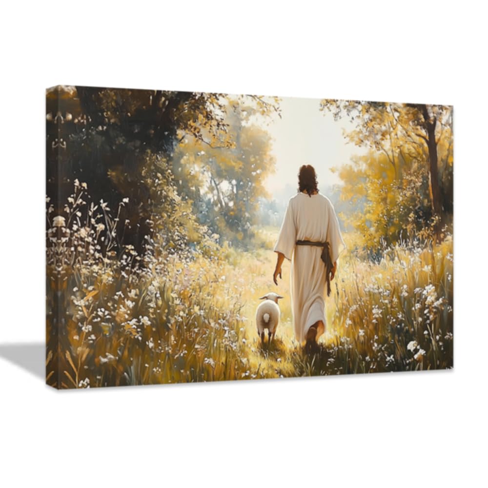 LMYSXAOZ Jesus Canvas Wall Art with the Lost Lamb Painting Vintage Religious Decor Framed Christian Print for Church(Yellow,16L x 20W)
