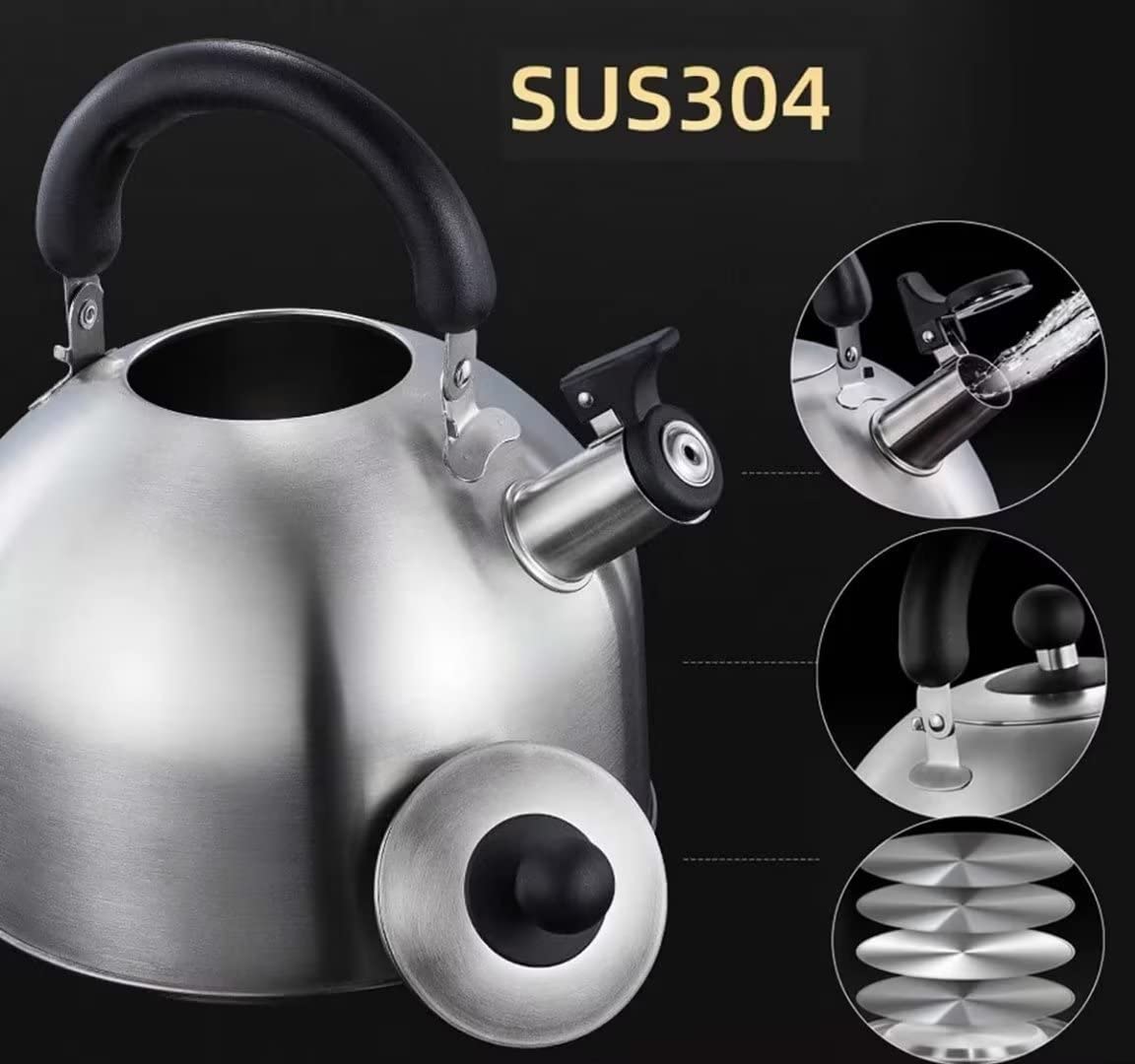 Bollitore In Acciaio Inox Con Fischietto - 4L, Per Gas E Induzione, Maniglia Anti-Scotta - Foto 5