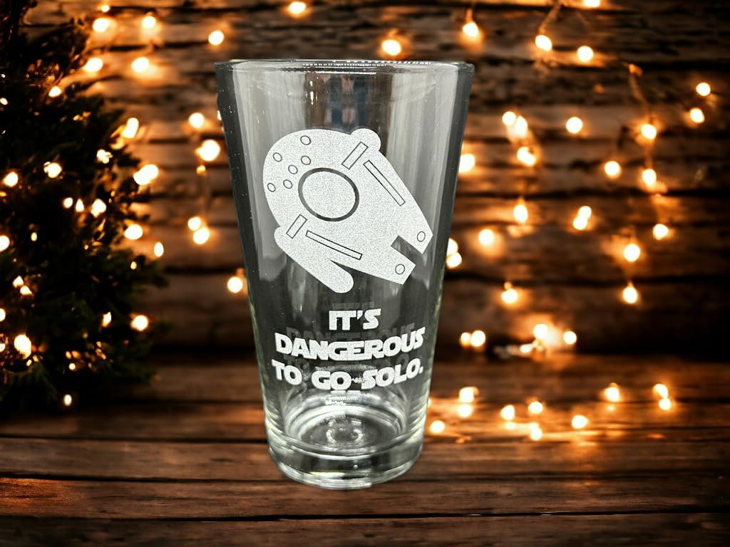 Etched Star SW Pint Glass Set of 4: Pew Pew, Never Tell Me, Dangerous To Go Solo, Rebel, Star Space Noises Sci-Fi Wars Gift Set of Four Drinking Beer Glasses Christmas
