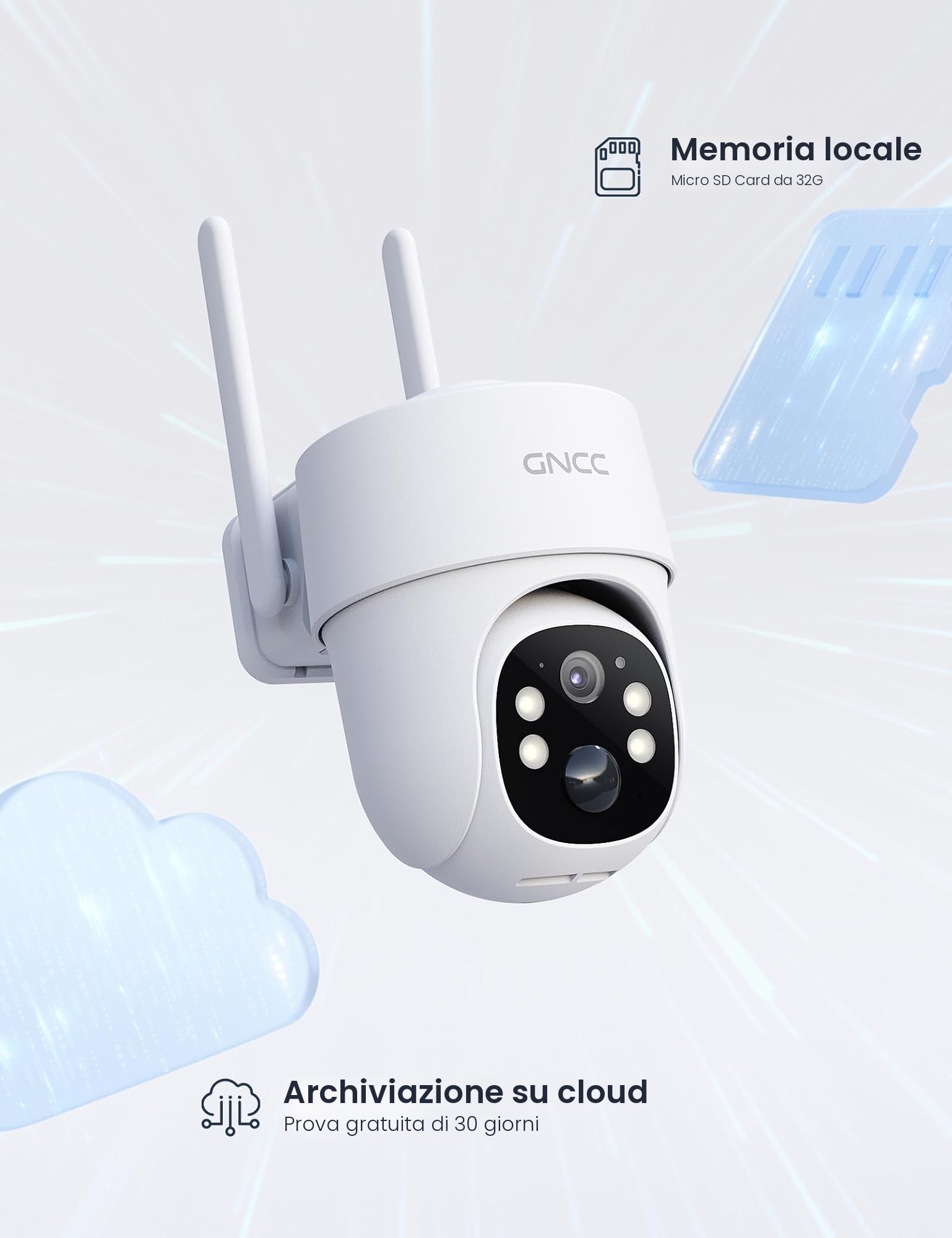 GNCC 4G Telecamera Esterno con SIM e pannello solare, 2K Telecamere Senza Fili con 8400mAh Batterie e SD Card, Rilevamento del Movimento, Audio Bidirezionale, Visione Notturna a Colori, IP66, 355°/90°