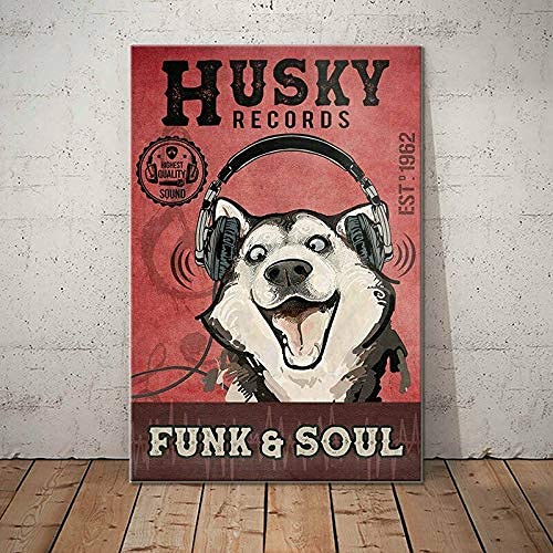 Pzecaru Plaque en métal vintage Husky Dog Record Company Funk And Soul - Décoration murale rétro pour la maison, le bureau, la salle de bain, le bar, le club, le café, la grotte des hommes, 20,3 x