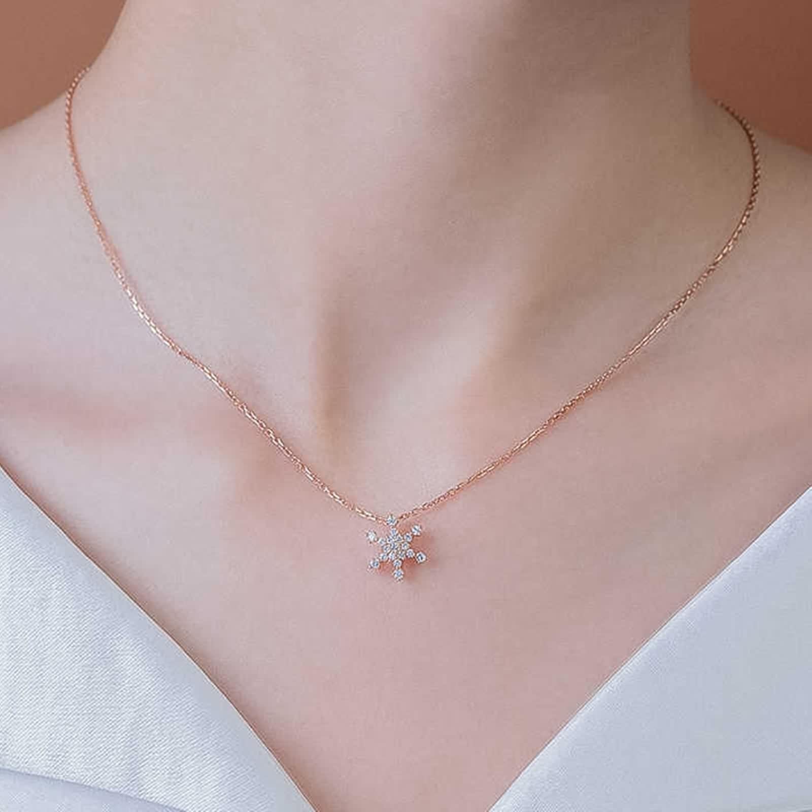 Collar con colgante para mujer, cadena de diamante, copo de nieve, oro rosa real de 9 K, 14 y 18 quilates