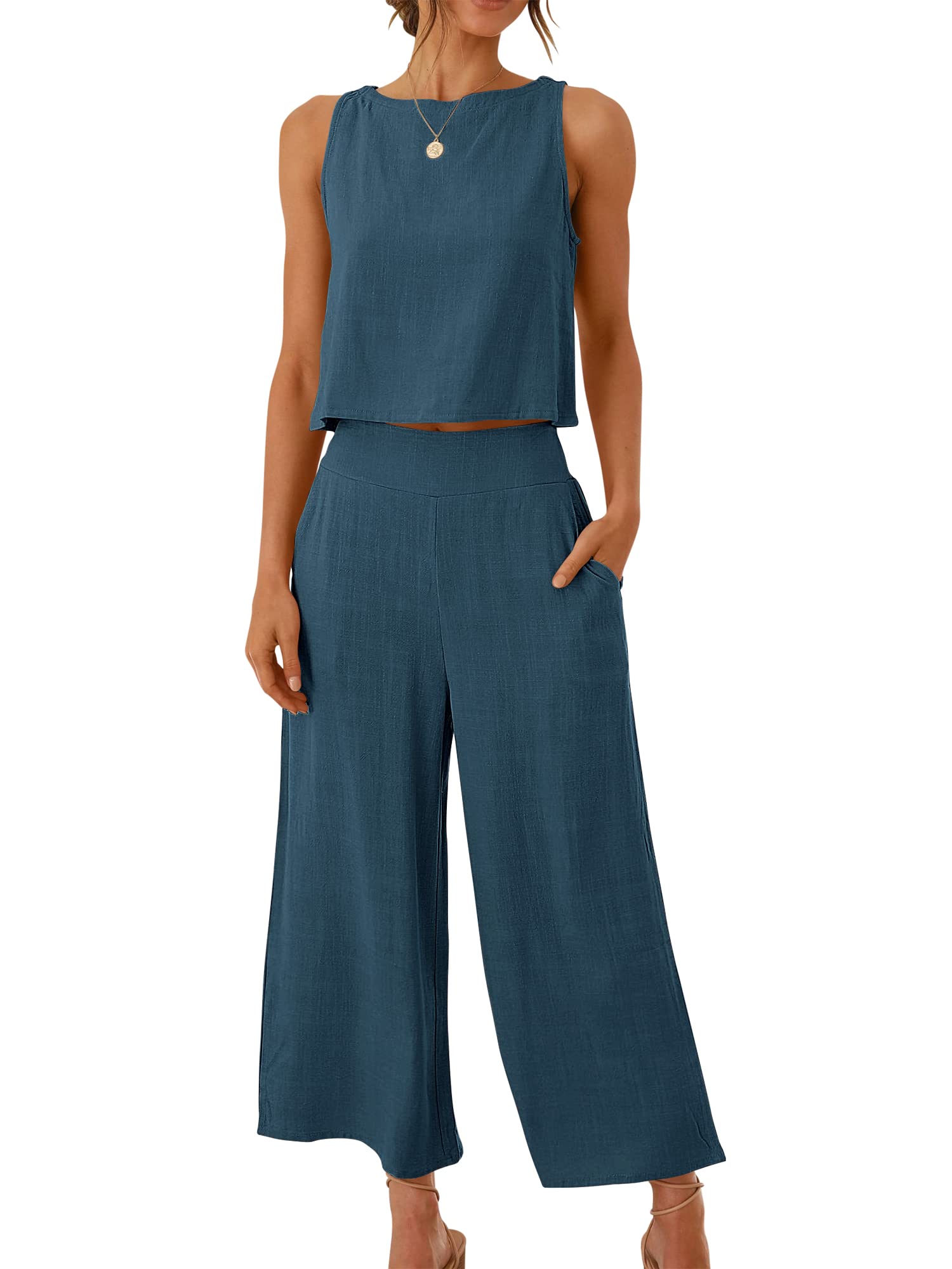Photo 1 of ANRABESS Women's Summer 2 Piece Outfits Sleeveless Crop Top Capri Wide Leg Pants Jumpsuit Linen Lounge Beach Travel Sets Deep Blue Medium