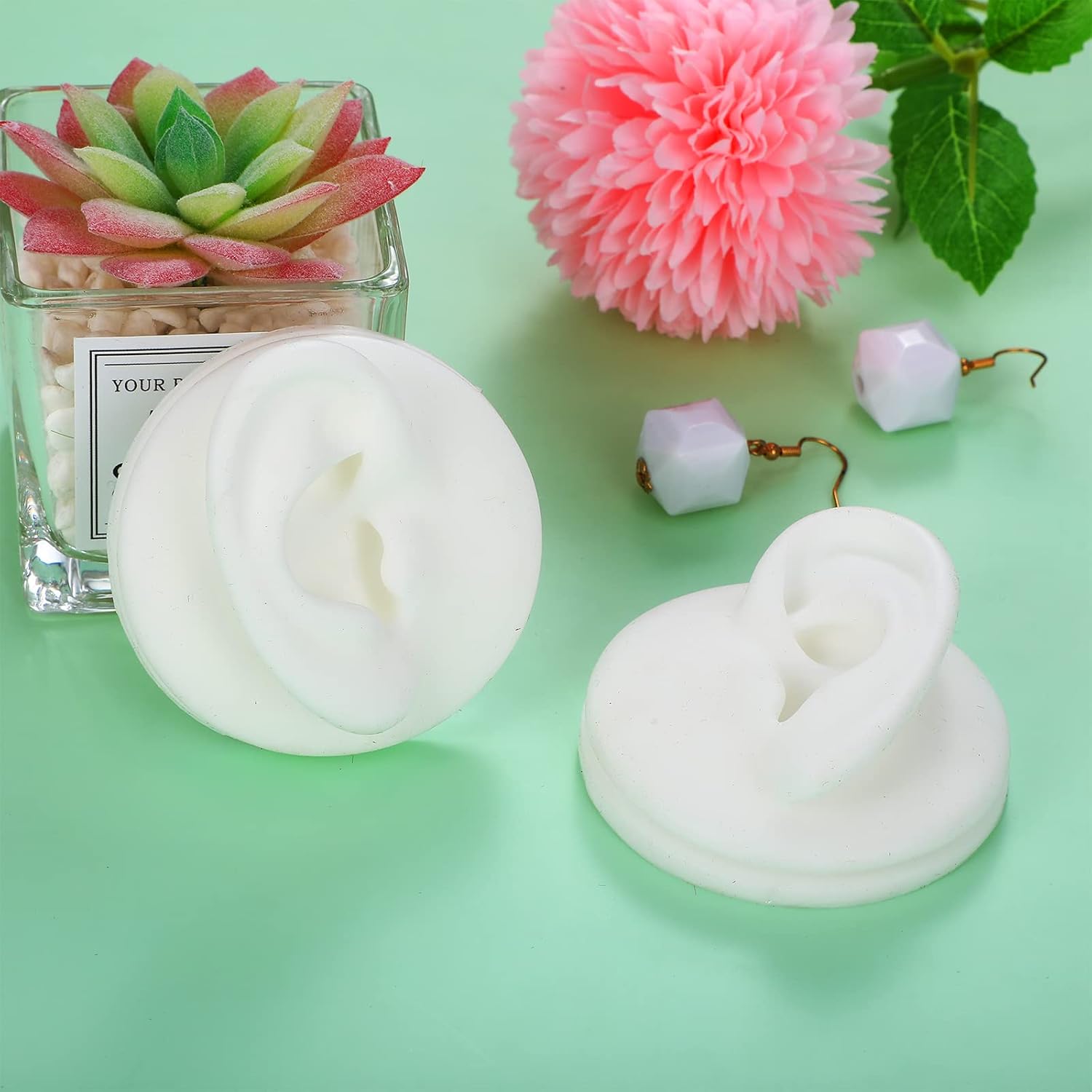 4 Pcs Silicone Ear Model Soft Fake White Rubber Ear Display for Earrings Earstuds Jewelry Display with Acrylic Stand Simulation for Piercings Practice Tools Music Recording