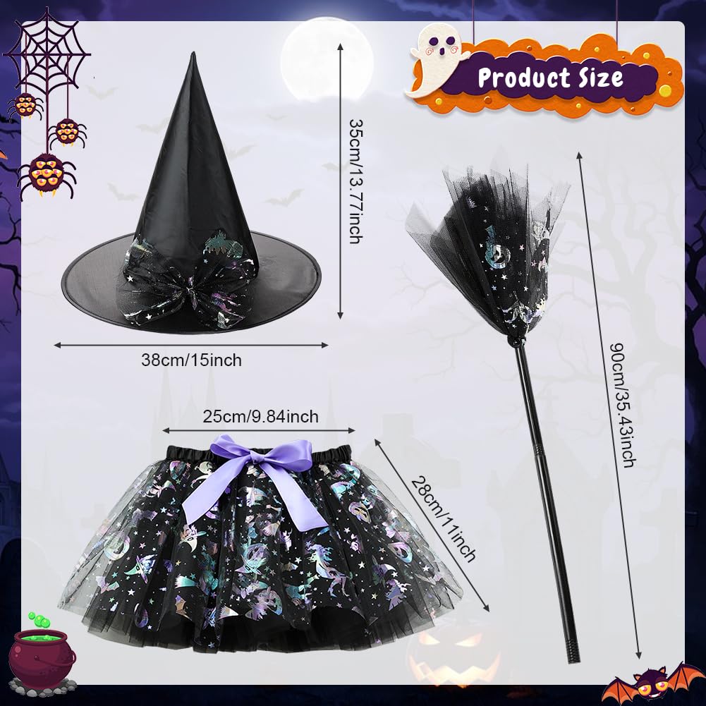FCXVXCL Halloween Witch Skirt,3pcs Halloweens Outfits Witch Costumes Tutu Skirt Hat Witchs Broom for Kids Girls Halloween Fancy Dress Cosplay Costume - Image 2