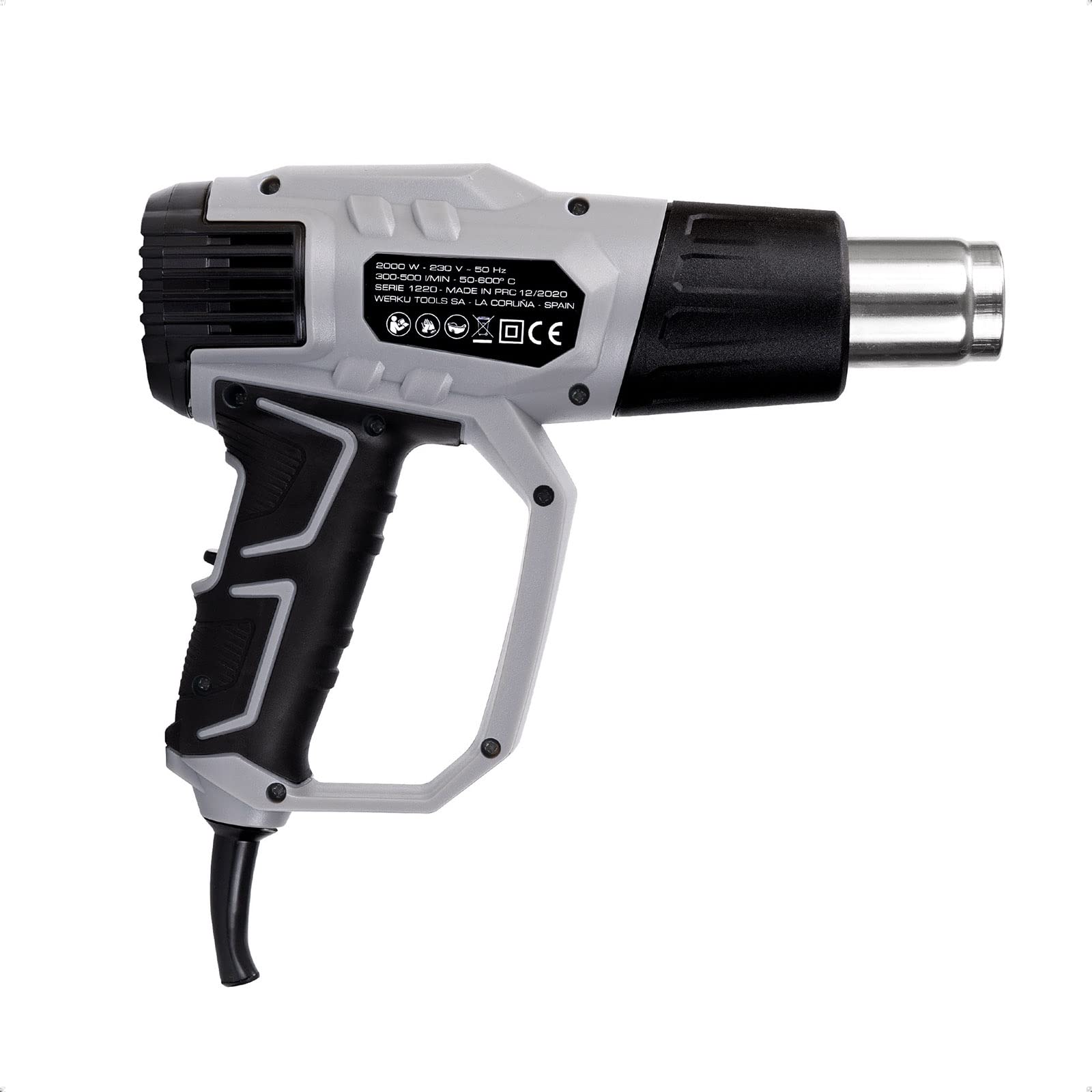 Werku WK402070, Pistola Aire Caliente, Calidad Profesional, Potencia 2000 W, Control Temperatura 50-600ºC, Control Aire 300-500 LPM, Incluye Maletín y Accesorios