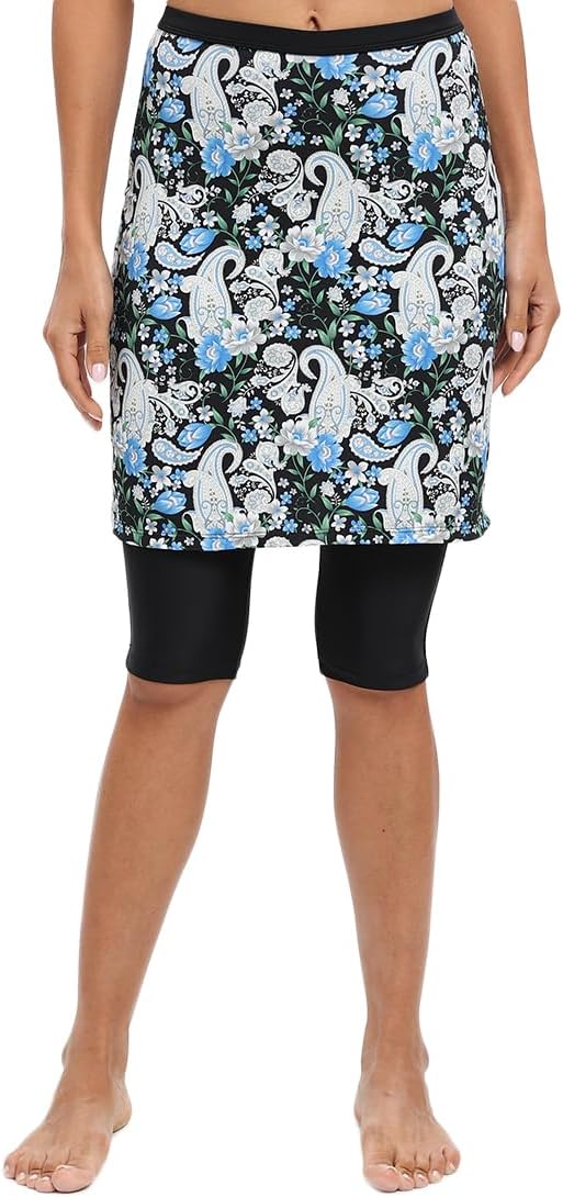 Micosuza Womens Skirted Swim Capris Sun Protective UPF 50+ Swimming Tight with Attached Skirt Sport Leggings