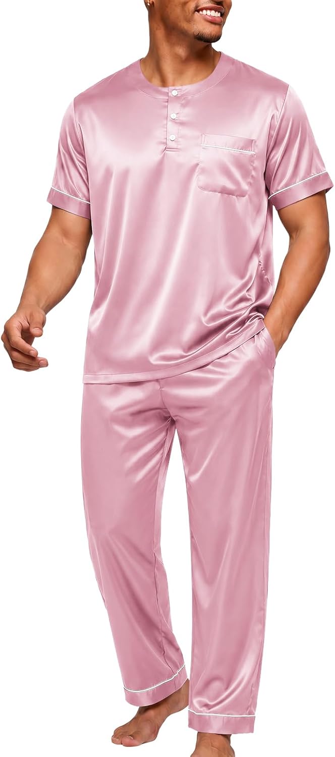 Vssjavun Mens Silk Satin Pajama Set Short Sleeve Sleepwear with Long Pants