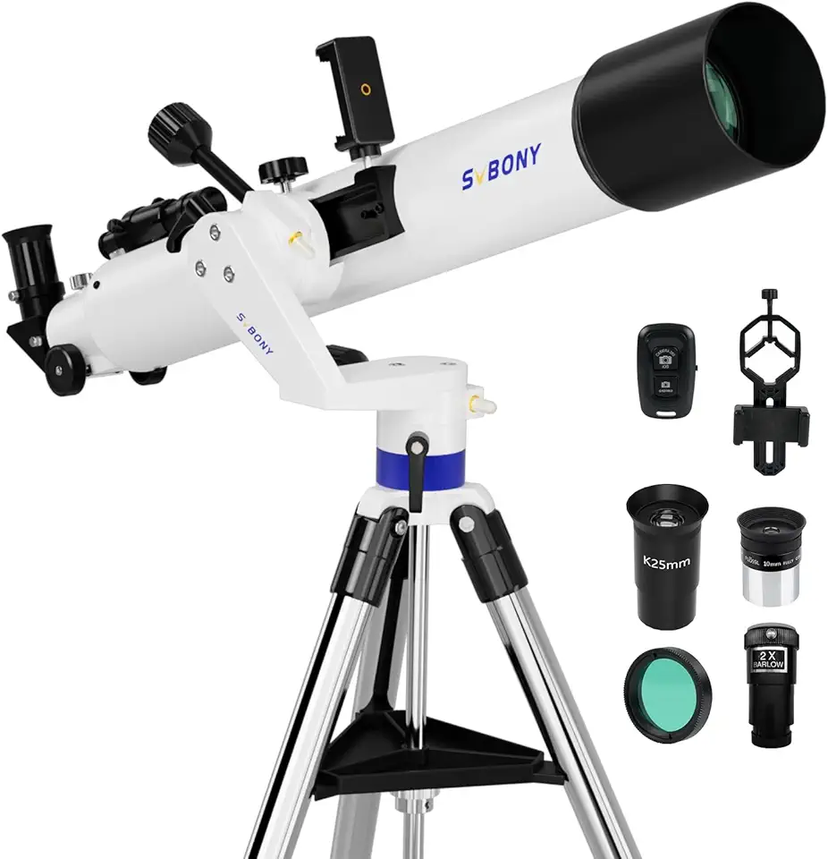 SVBONY Telescópio SV520 para adultos de alta potência, abertura de 90 mm, comprimento focal de 800 mm, telescópio refrator com suporte AZ, kit de telescópio para iniciantes com ocular PL10, K25, lente