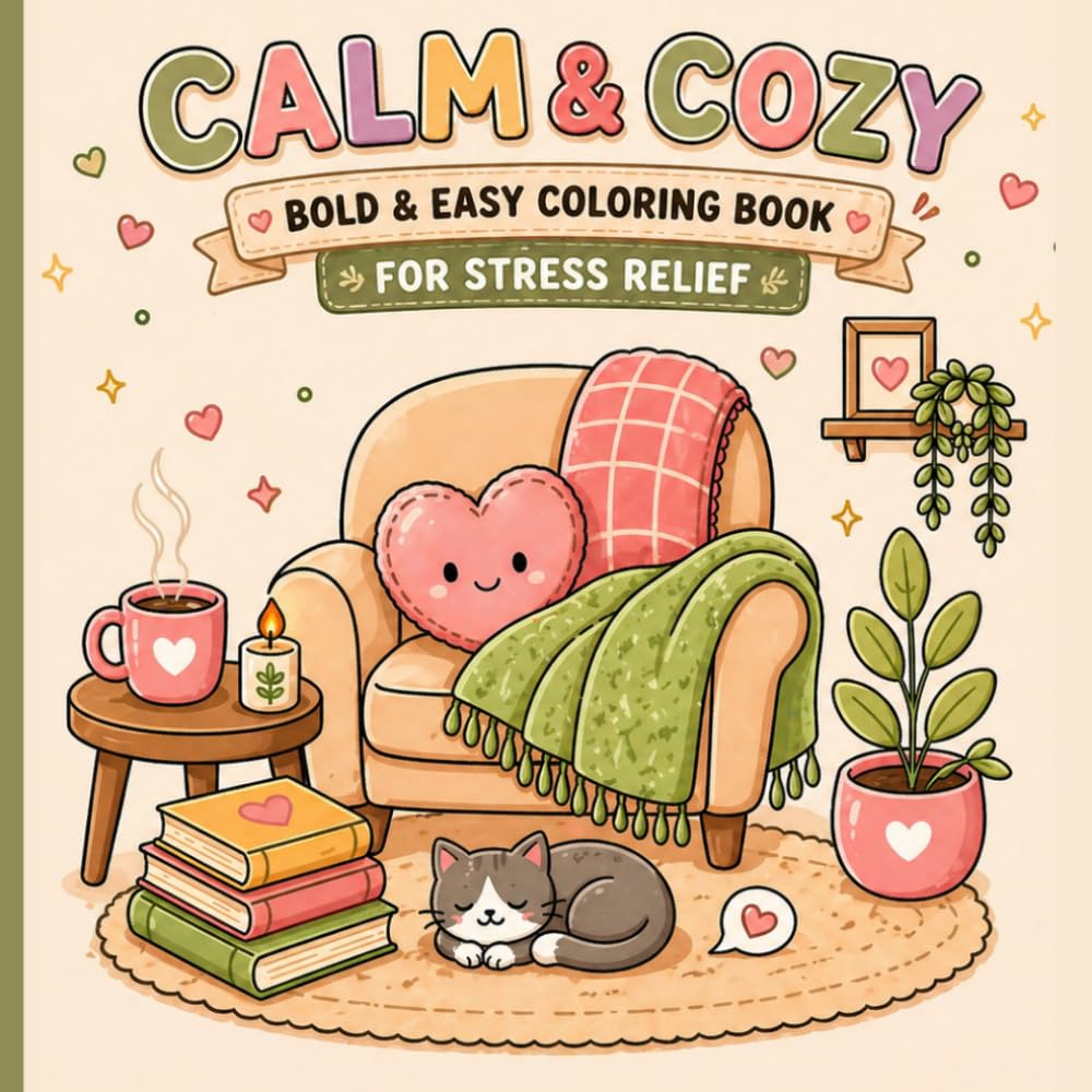 Calm & Cozy : Bold & Easy Coloring Book for Stress Relief: Cute Relaxing Designs, Simple Cozy Scenes, Mindfulness Coloring for Adults and Teens