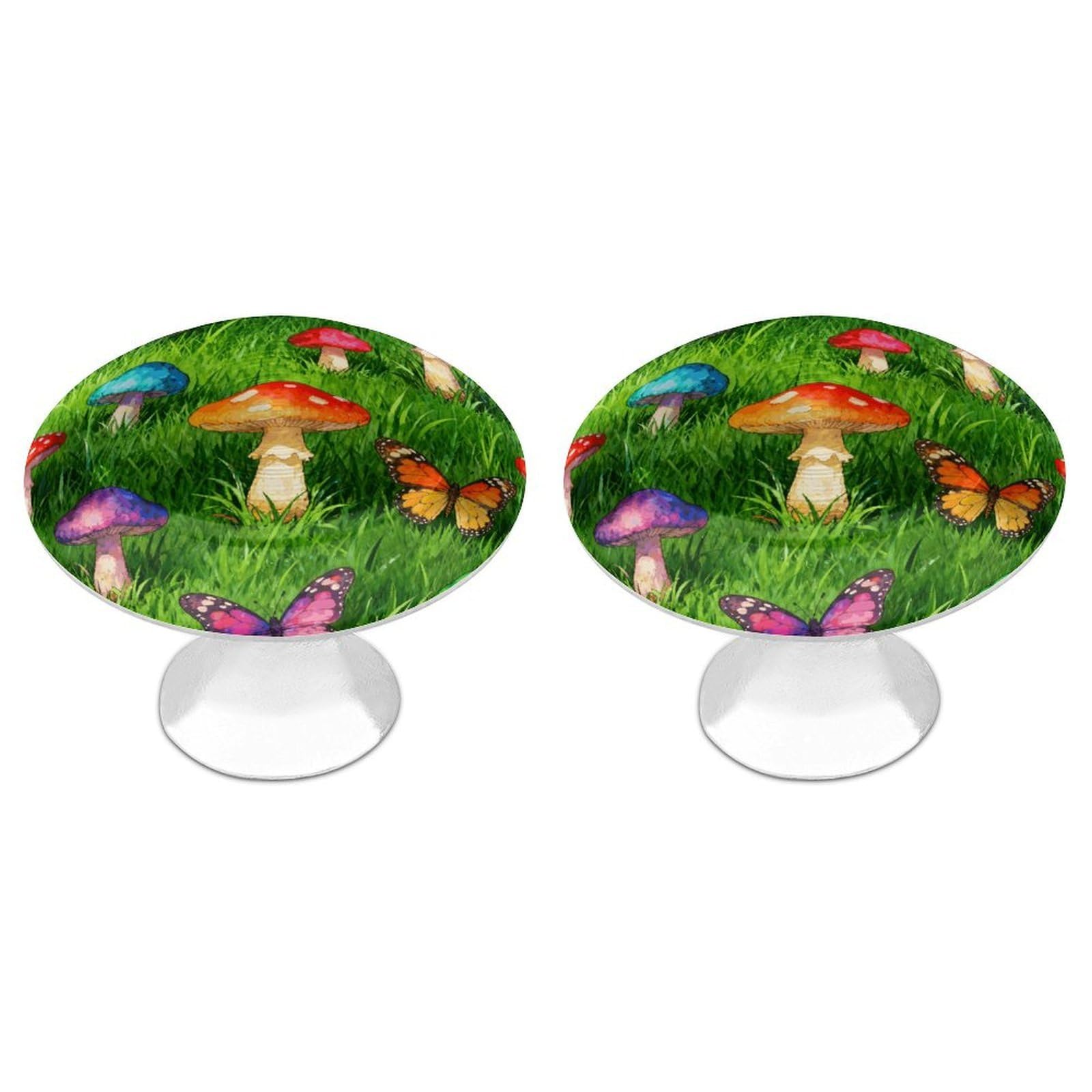 DWVTSLH Mushroom Forest Green Cabinet Handles 2 Pack Stainless Steel Kitchen Drawer Pulls with Installation Screws Round Dresser Drawer Knobs 1.1 Inch Modern Cabinet Hardware Door Handles