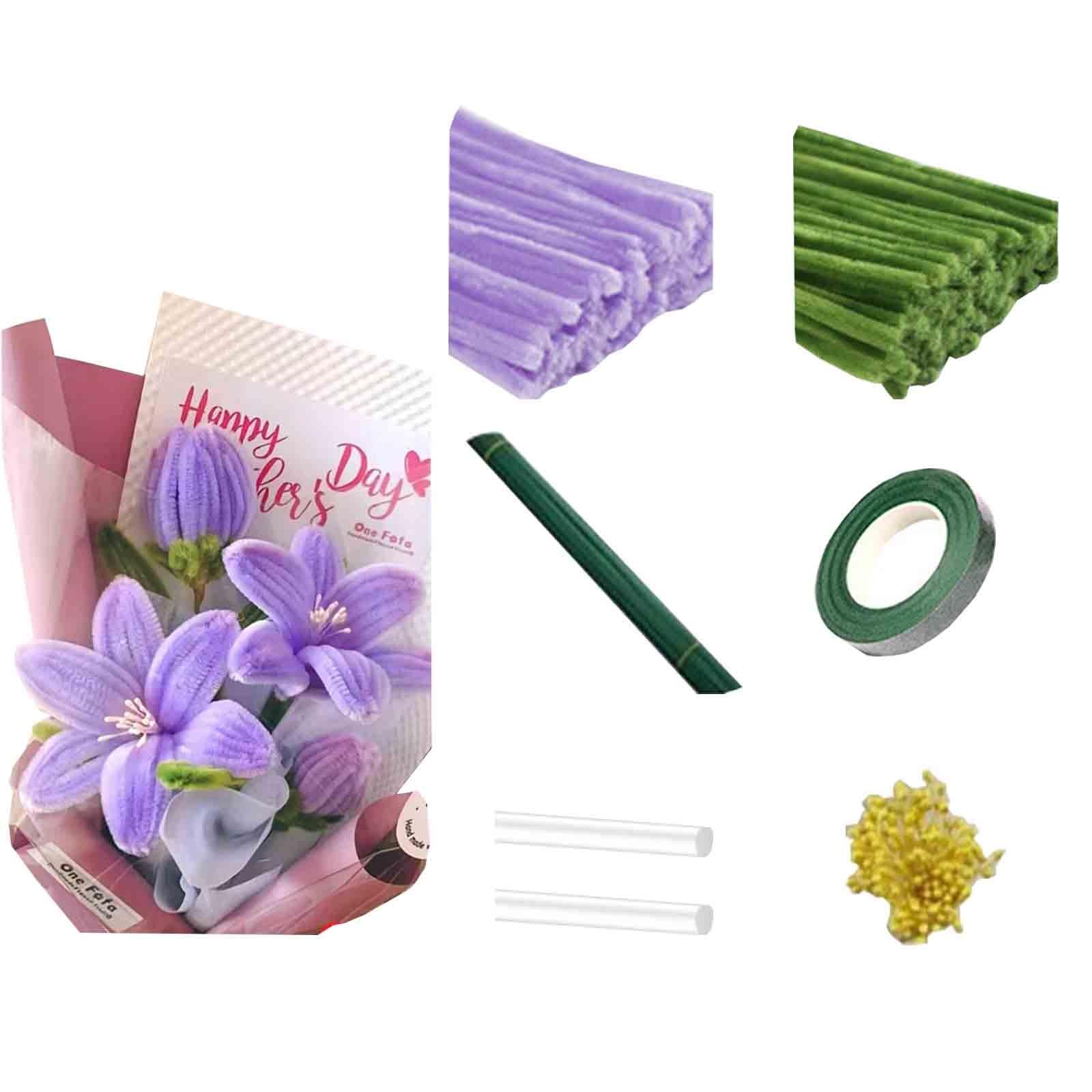 Scovolini per lavori manuali, Kit di Fiori for scovolini con Colla Stick for Nastro Floreale a Stelo 11,81x0,3 Pollici Set AI for opere d'Arte(Set H)