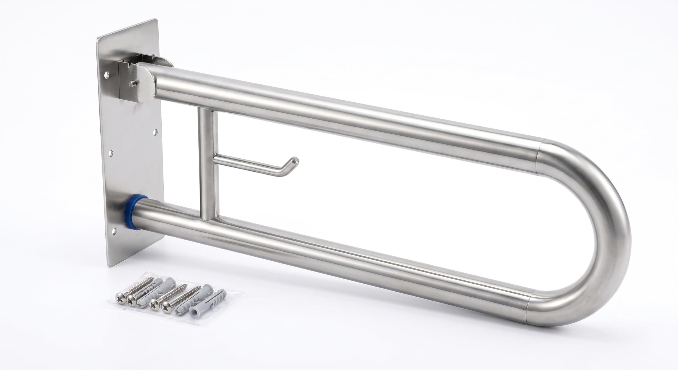 Barra Abatible de Baño y WC 73 cm, Acero Inoxidable Cromado con Portarrollos, Asidero de Seguridad para Mayores