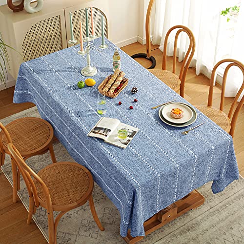 Chassic 60 X 84 Inches Farmhouse Style Linen Tablecloths, Wrinkle Resistant Washable Dining Room Table Cloths For Rectangle Tables - Hemstitch Blue #TOP3