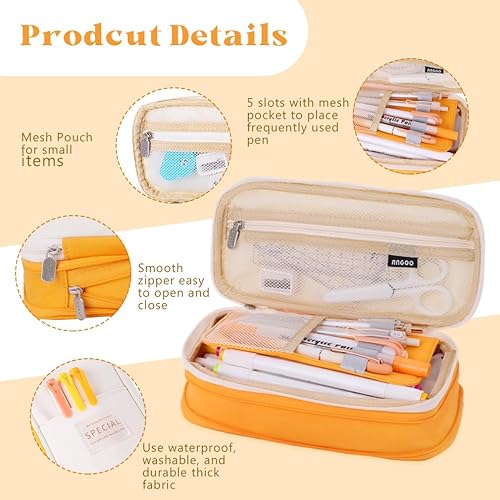 Vista 4 de iSuperb Estuche plegable para lápices con cremallera de gran capacidad, bolsa de lona estética, compartimentos para organizar artículos