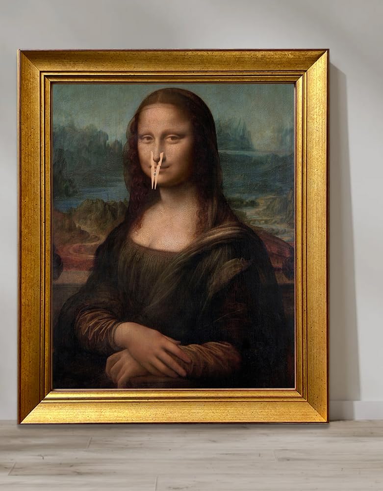 Mona Lisa Holding Nose Bathroom Art Vinatge Gold Framed Funny Bathroom Picture Famous Painting Prank Monalisa Print Poster