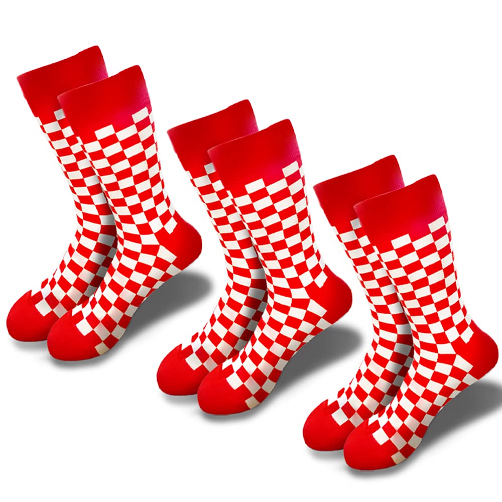 3pk Men's Novelty Checker Crew Socks Sizes 6-12 - Stylish Quality Fit for Skateboard, Nights Out, Work, Fun Every Day Comfort, Red,white, One Size