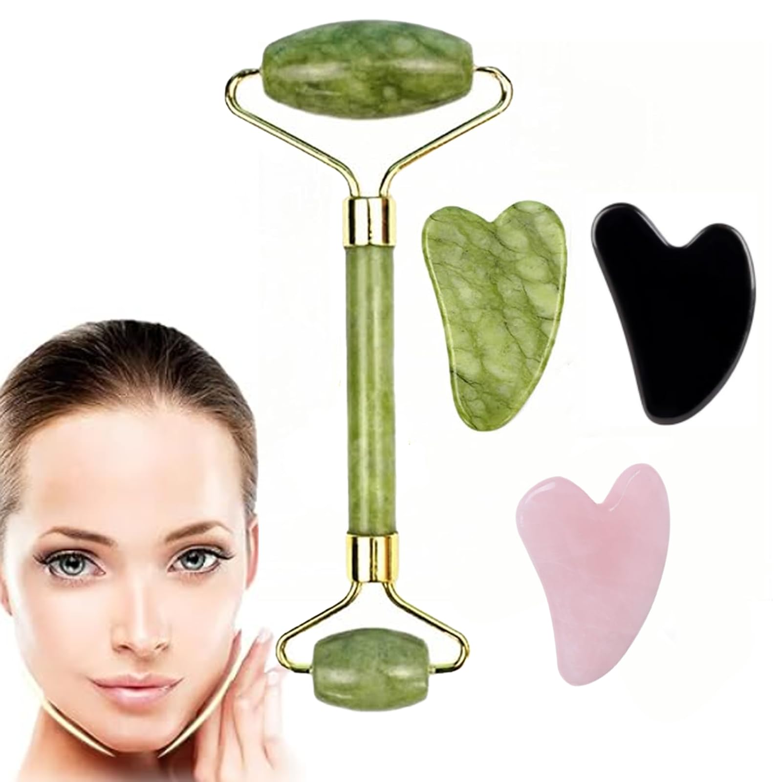 Gua Sha for Face, 4 Piece Set with Jade Roller and Gua Sha Tools for Facial Massage, Skin Care Routine, Includes Green Jade Roller and Gua Sha Boards in Green, Pink, Black for Relaxation and Wellness-image-21