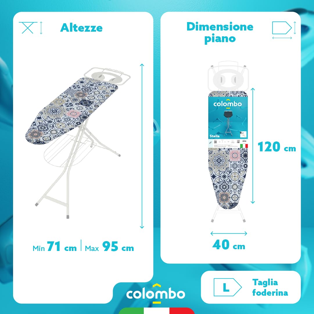 Colombo | Stella Asse da Stiro 120x124cm Porta Caldaia 10kg Portabiancheria | Tavola da Stiro Pieghevole Altezza Regolabile Max 95cm | Copri Asse da Stiro in Cotone Biologico | Made in Italy