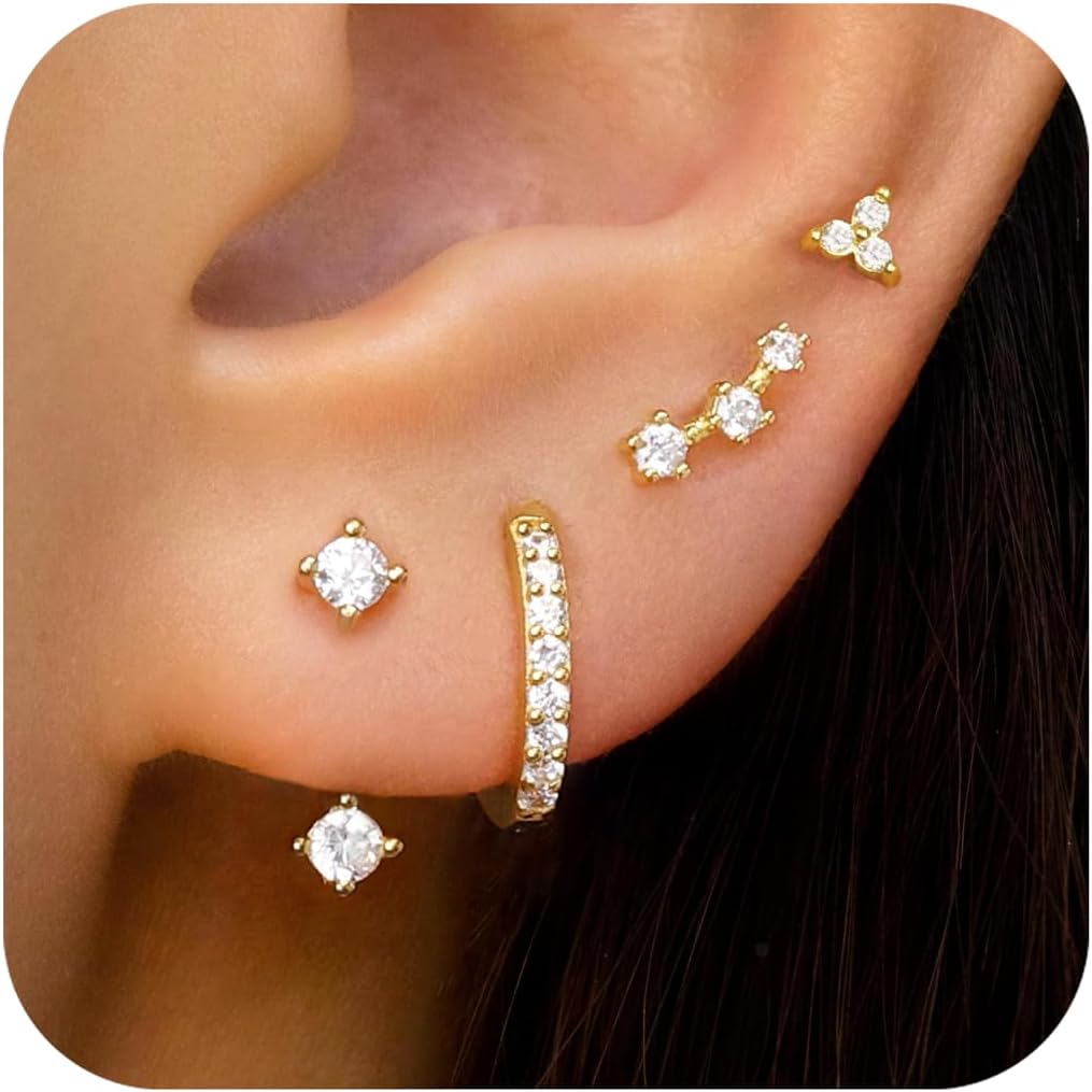 Poxtex Small Hoop Earrings for Women, Diamond Stud Huggie Cartilage Earrings Set for Multiple Piercing, 3 Pairs Trendy Jewelry Gifts