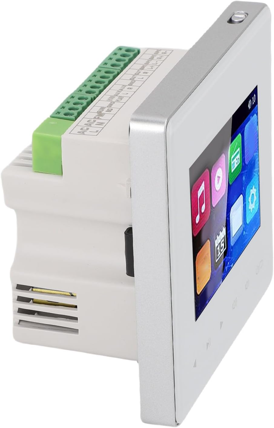 Close-up of the wiring terminals on the back of the GOWENIC wall amplifier, showing connections for AC power, FM antenna, and speaker outputs.