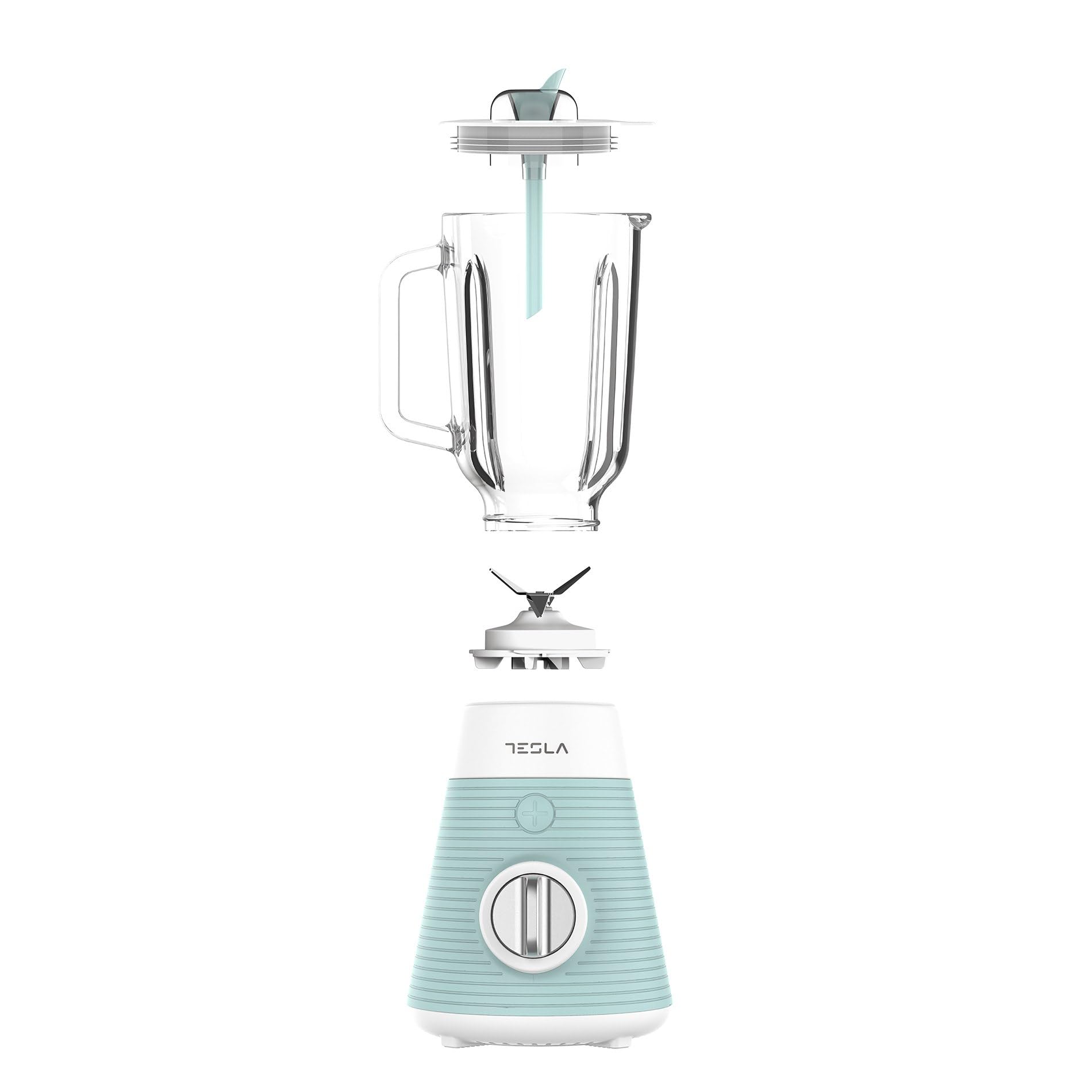 TESLA BL510BWL Blender (500W, szkło, pojemność szkła 1,5L, 4 ostrza ze stali nierdzewnej, 1 poziom prędkości, system nawijania kabli, powłoka silikonowa) Niebiesko-biały