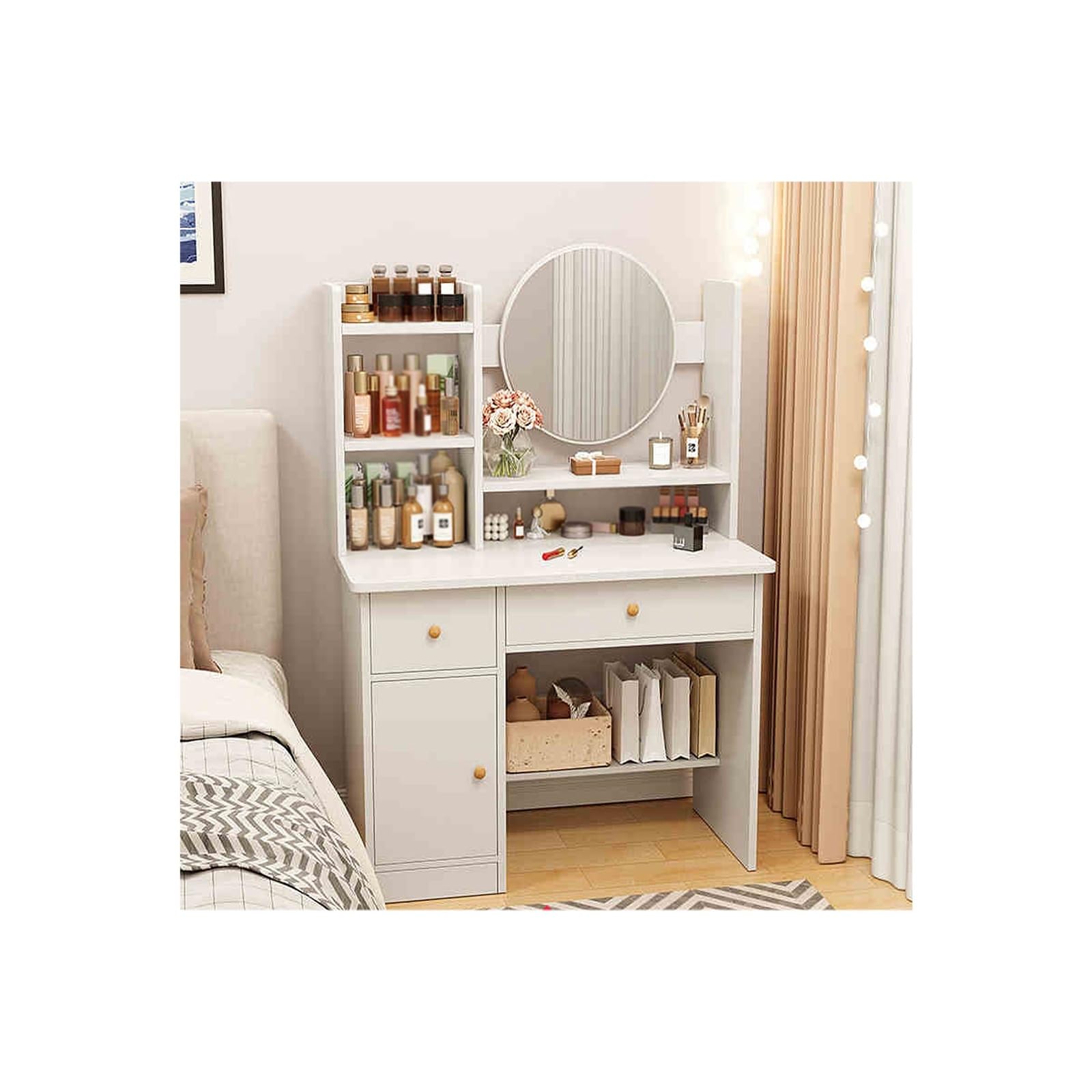 Tocador de maquillaje con espejo LED y almacenamiento abatible para dormitorio
